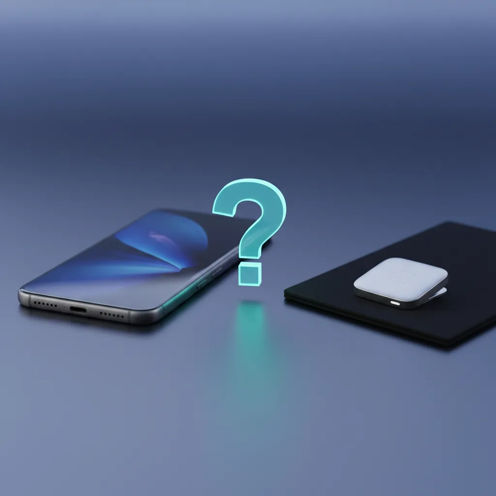 A side-by-side comparison of the Humane AI Pin and a modern smartphone with a question mark between them.
