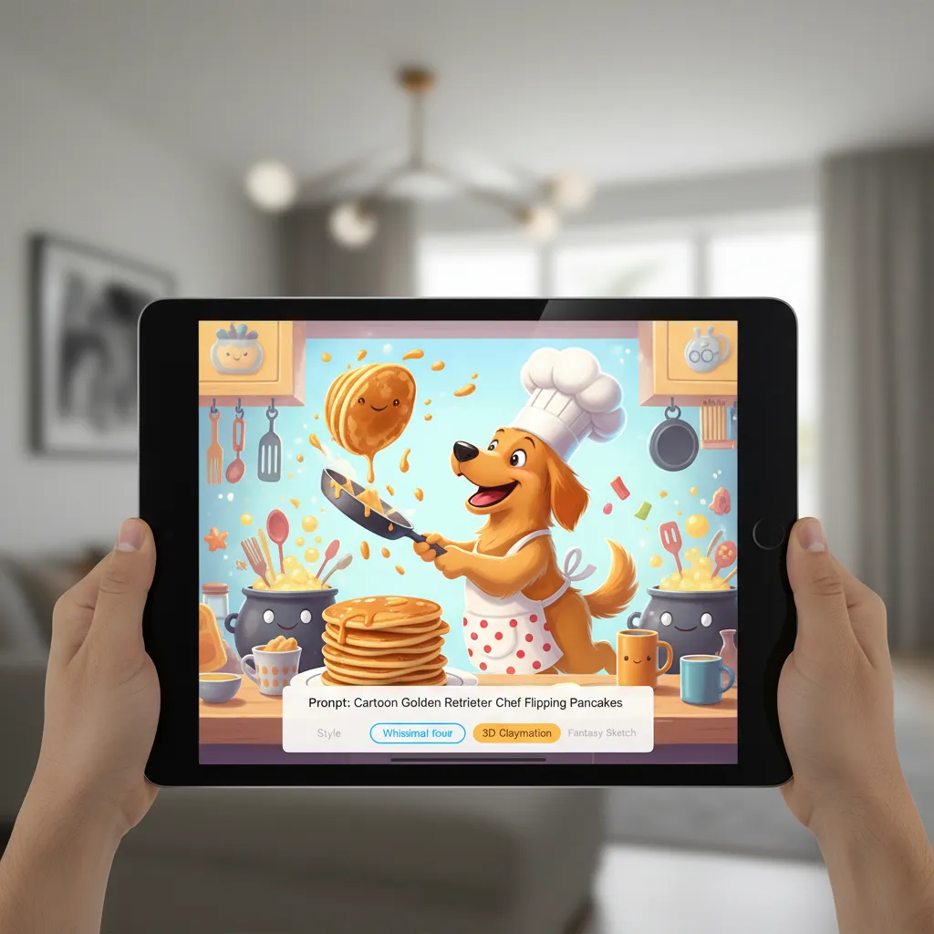 A colorful and whimsical image of a cartoon dog wearing a chef's hat, generated by Image Playground on an iPad.