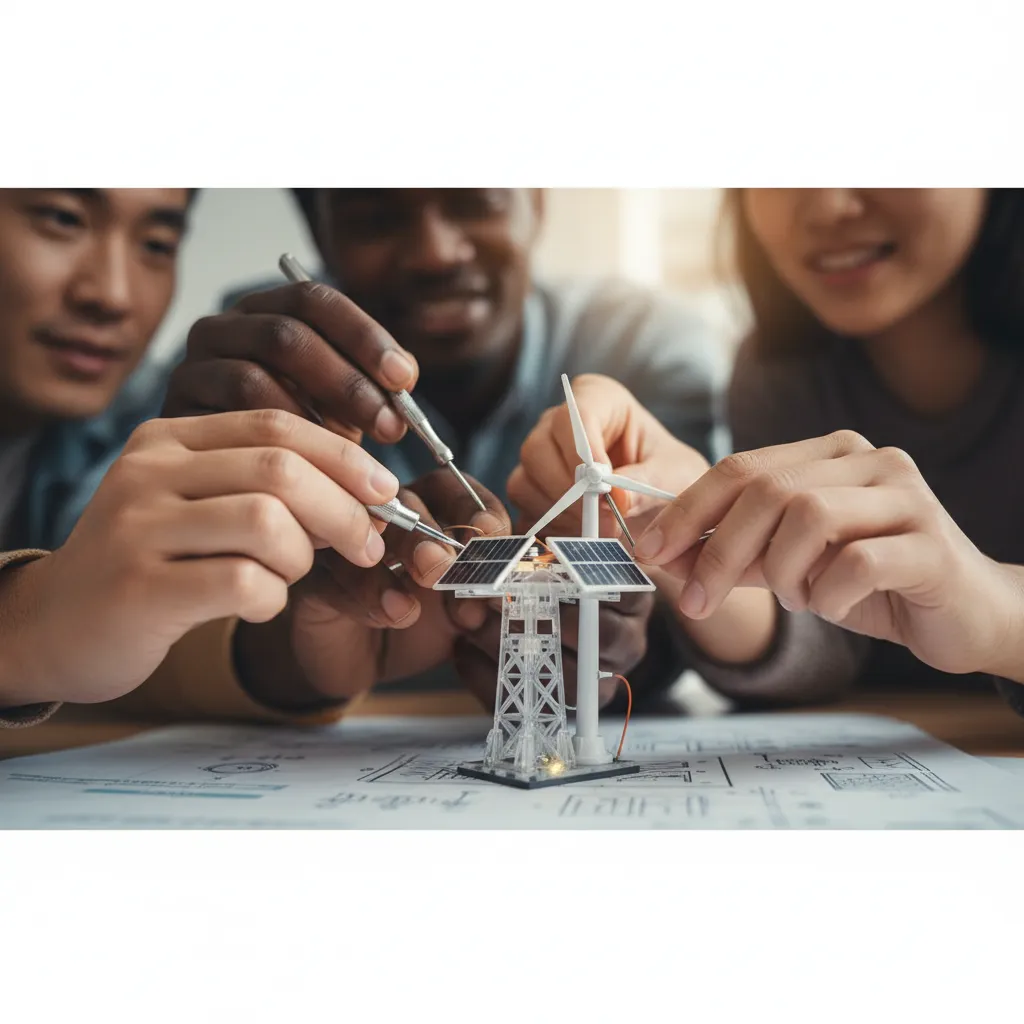 Hands collaboratively building a model of a wind turbine.