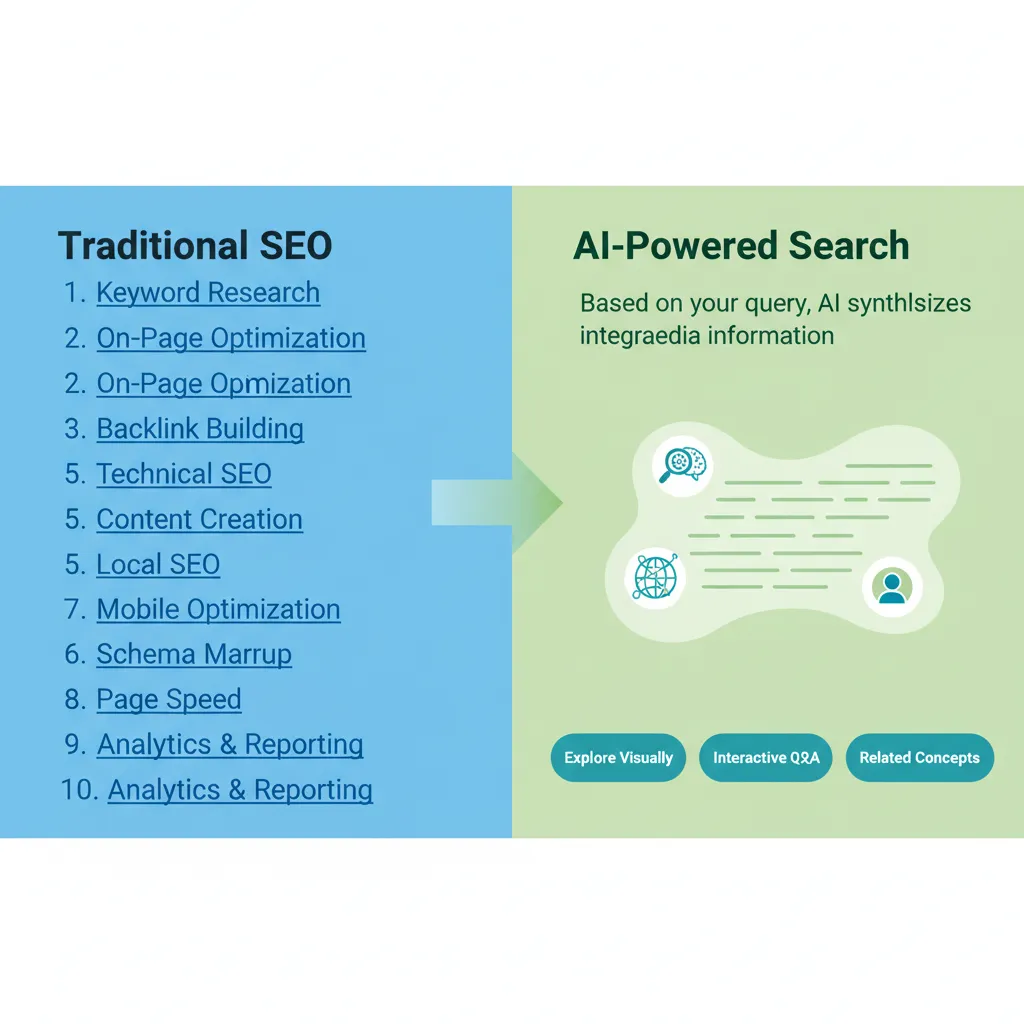 A diagram showing the shift from traditional blue link SEO to modern AI-driven search optimization.