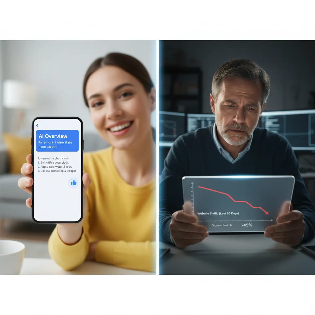 A split image showing a happy user getting a quick answer from AI Overview versus a frustrated business owner seeing their website traffic decline.