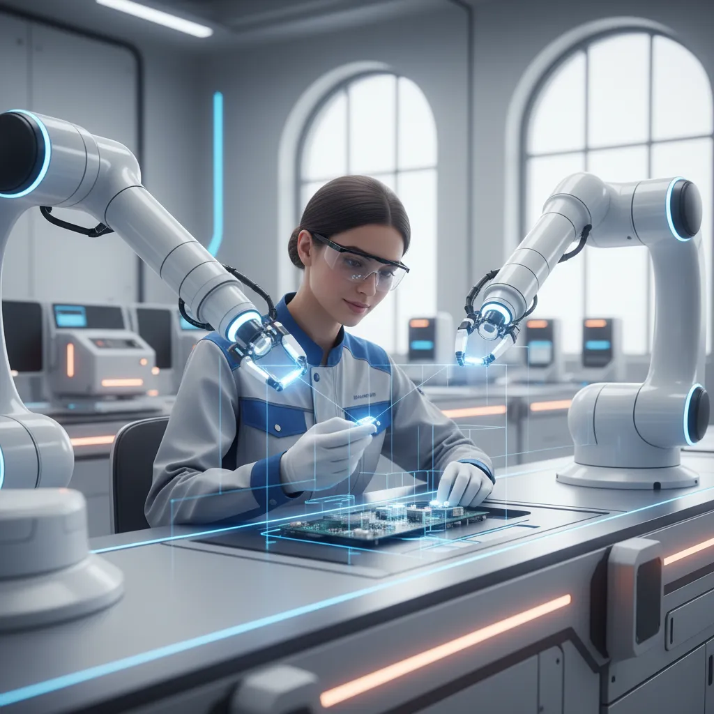 Human and cobot working on an assembly line