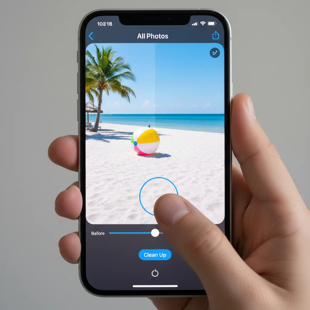 A user easily removing a photobomber from a group photo at the beach using the new AI Clean Up tool on an iPhone screen.