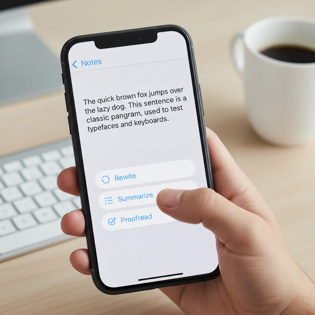 An iPhone screen displaying the new AI Writing Tools interface, showing text being rewritten, summarized, and proofread in the Notes app.