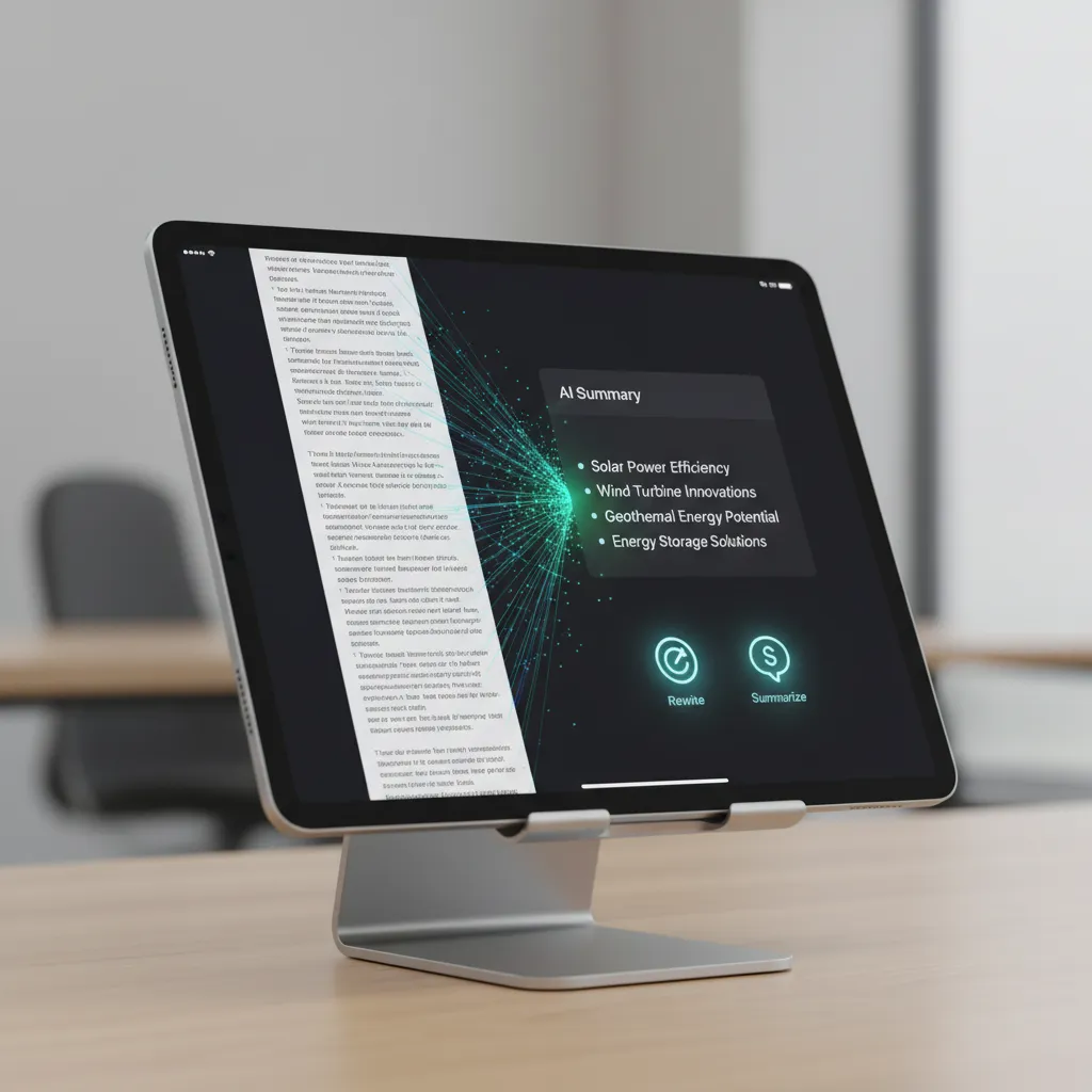 An iPad screen showing the new AI Writing Tools summarizing a long email into key bullet points.