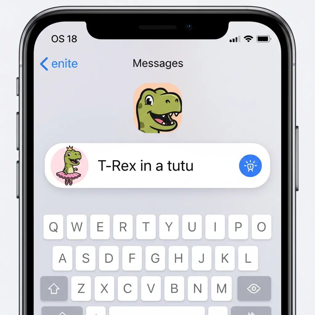 A user creating a custom 'Genmoji' on an iPhone, showing a T-Rex wearing a tutu.