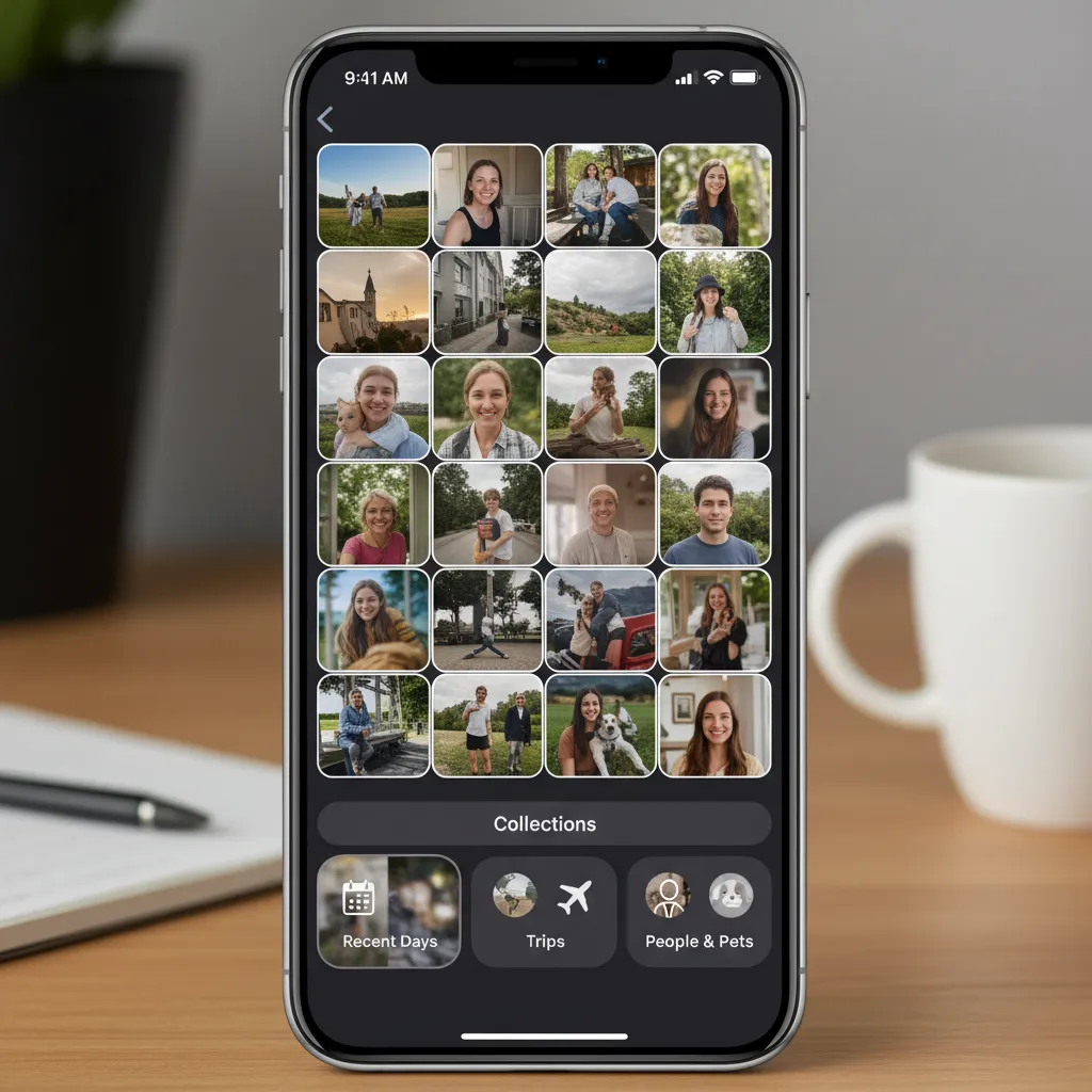 The newly redesigned Photos app in iOS 18, showing the simplified single-view layout and the 'Collections' feature organizing photos by topic.