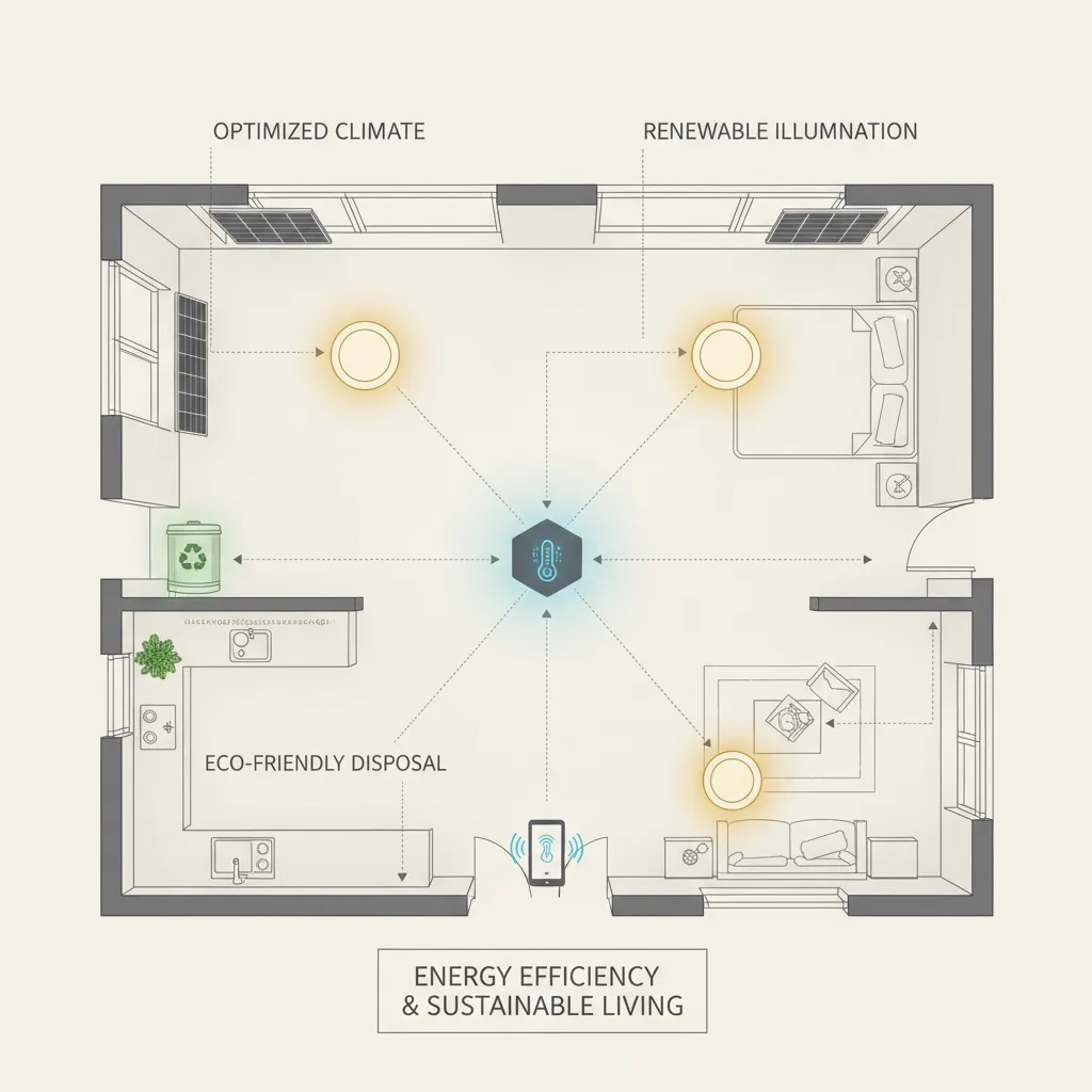 Overhead view of a smart home with integrated IoT devices for sustainability.
