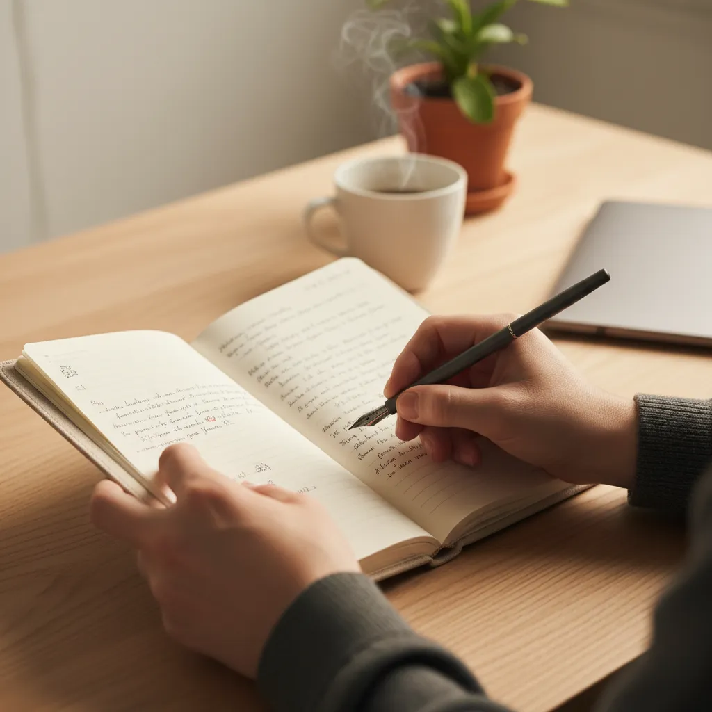 A person's hands holding a journal and pen on a minimalist wooden desk, ready for mindful reflection.