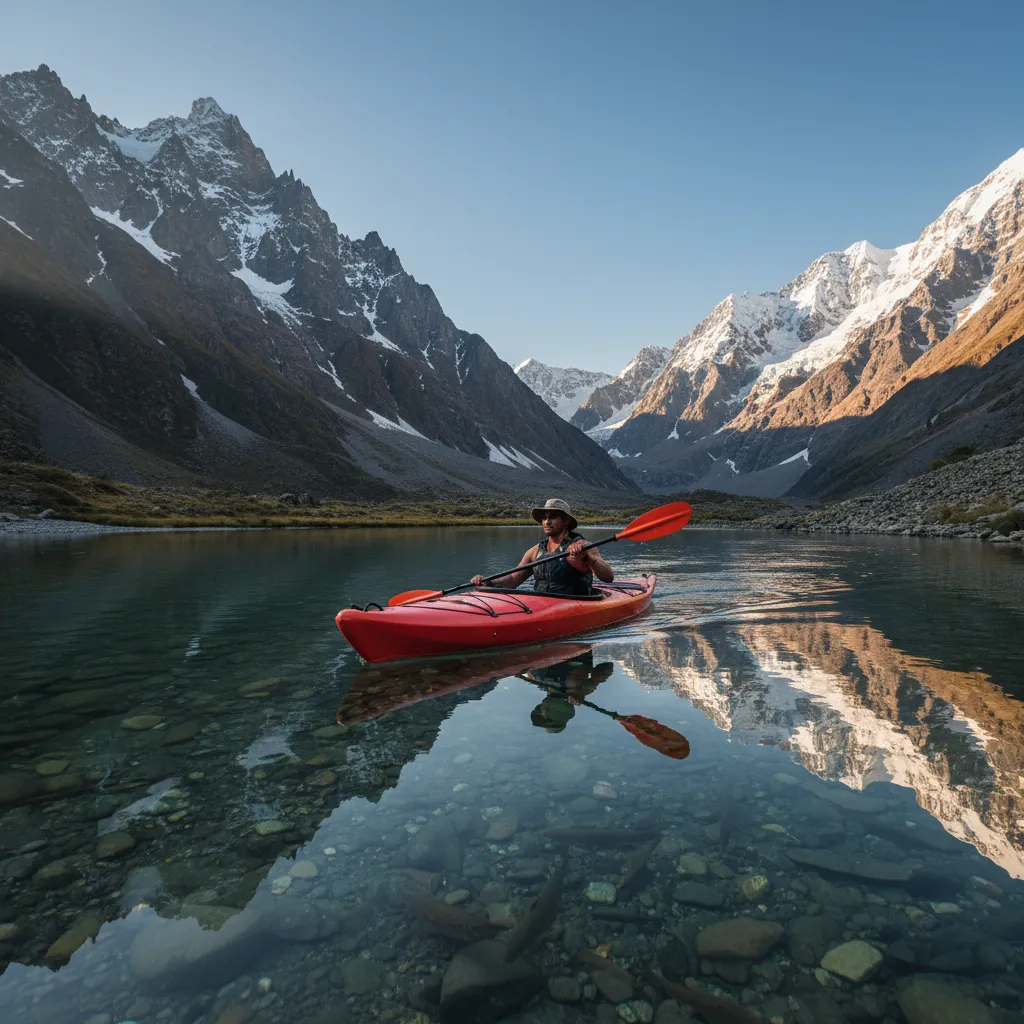 Person kayaking on a clear mountain river.