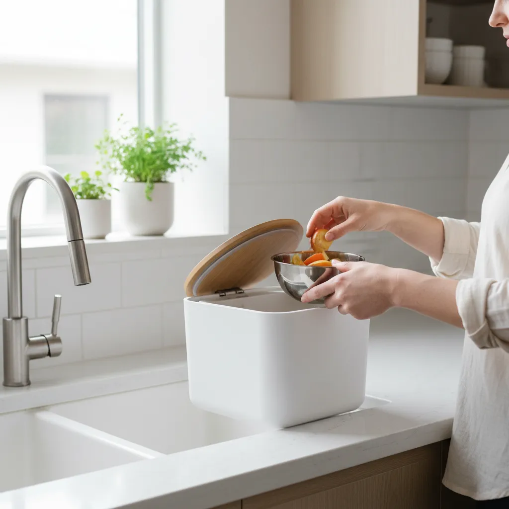 Person adding food scraps to a modern kitchen composting bin