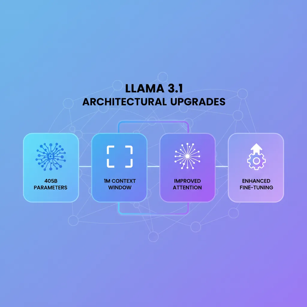 A minimalist infographic showing the key architectural improvements of Meta's Llama 3.1 AI model.