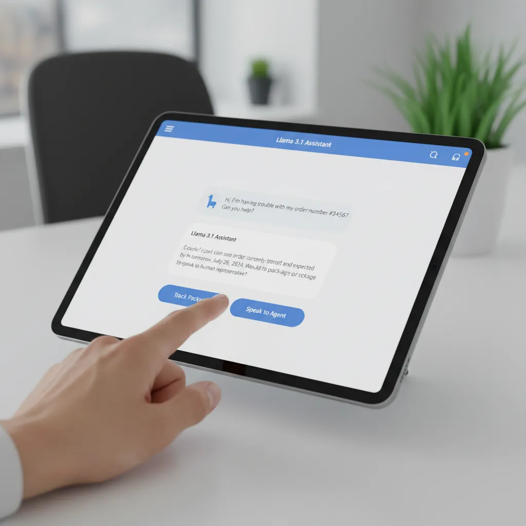 Hand interacting with a tablet displaying Llama 3.1 chatbot for customer service
