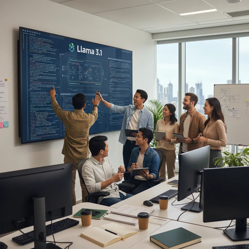 Developers collaborating on Llama 3.1 code on a large screen