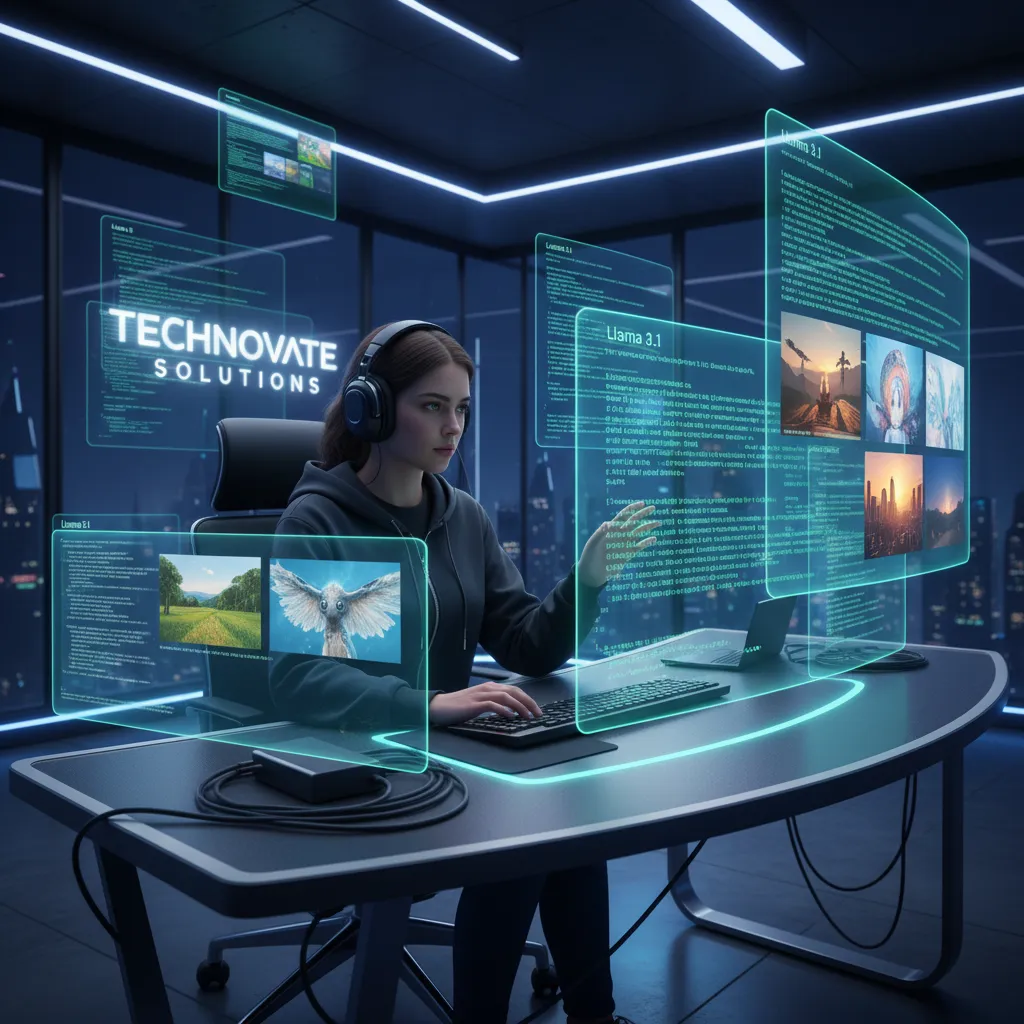 Developer working with Llama 3.1, showing code and visual AI outputs.