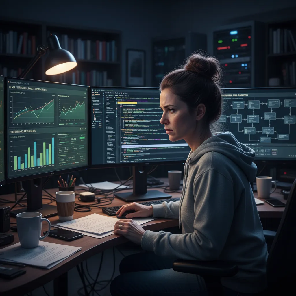 Data scientist analyzing code and graphs for Llama 3.1 financial modeling