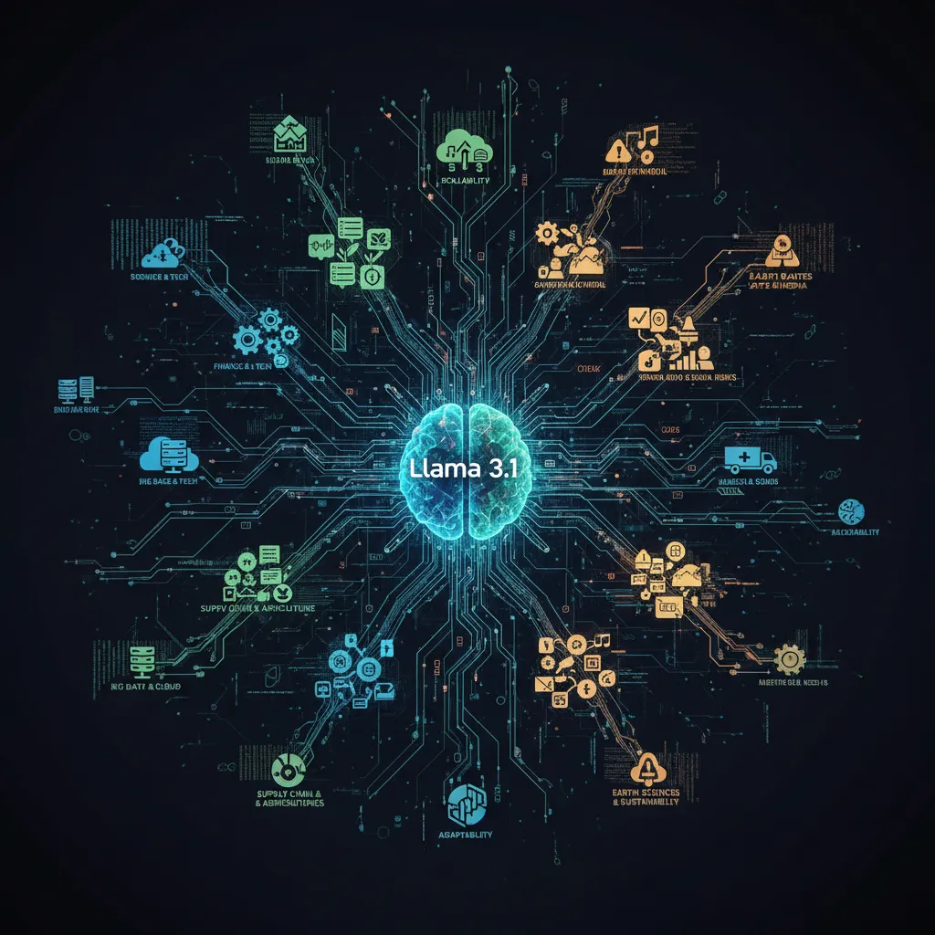 Abstract network visualization depicting Llama 3.1 scalability and adaptability for enterprise.