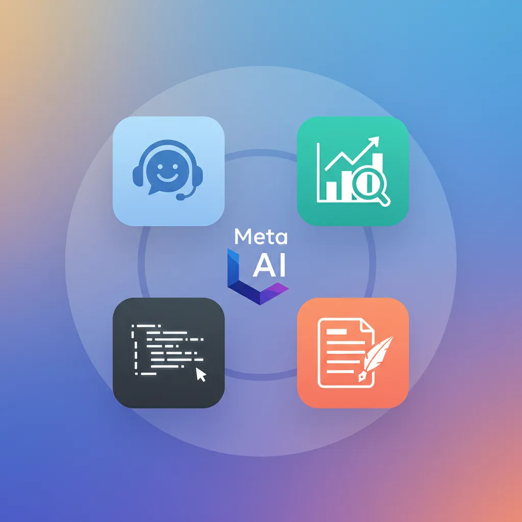 A collection of icons representing the various applications of Llama 3, including chatbots, content creation, and data analysis.