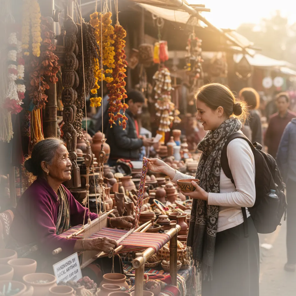 Local artisan demonstrating craft to a curious traveler in a market.