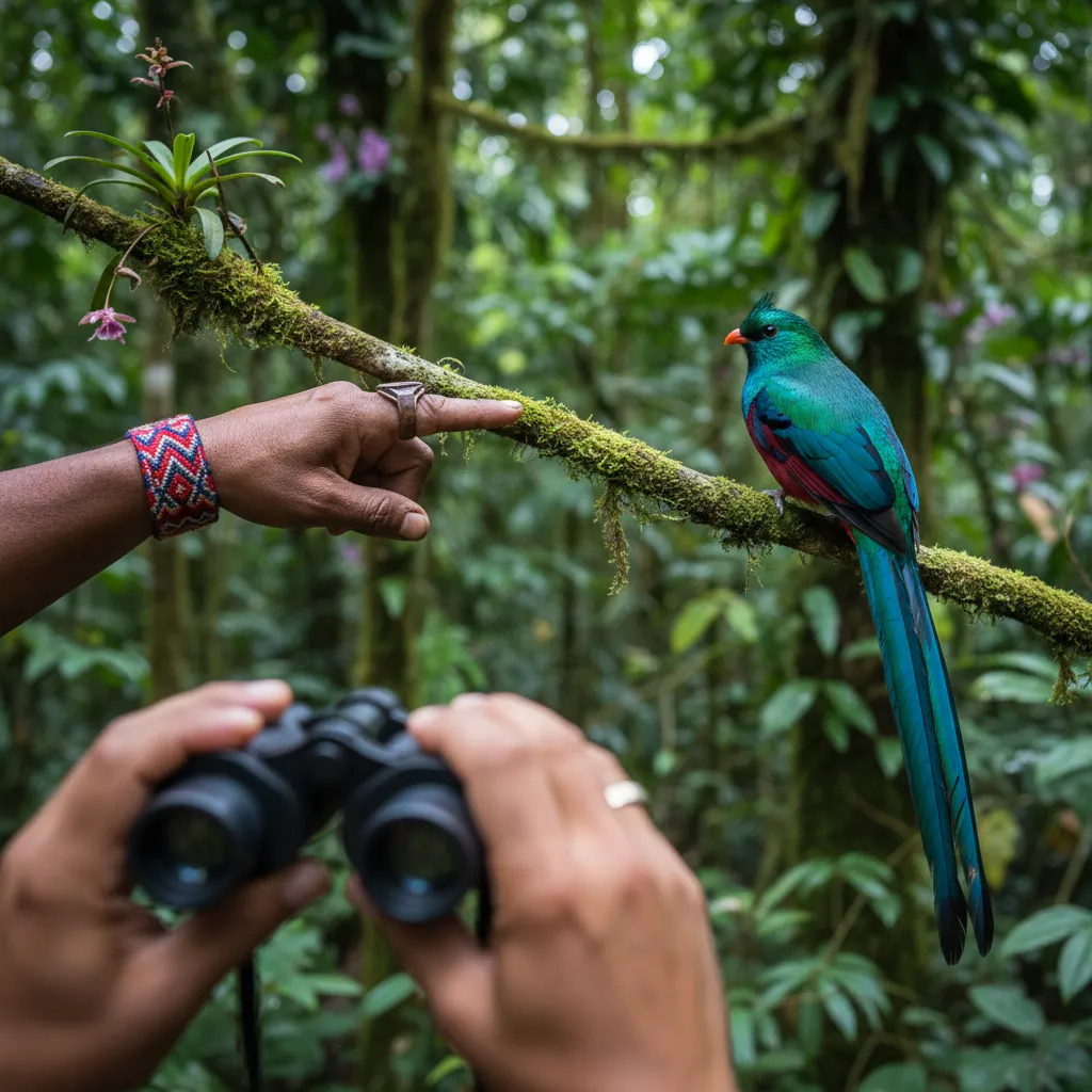 Local guide pointing to an exotic bird in a rainforest.