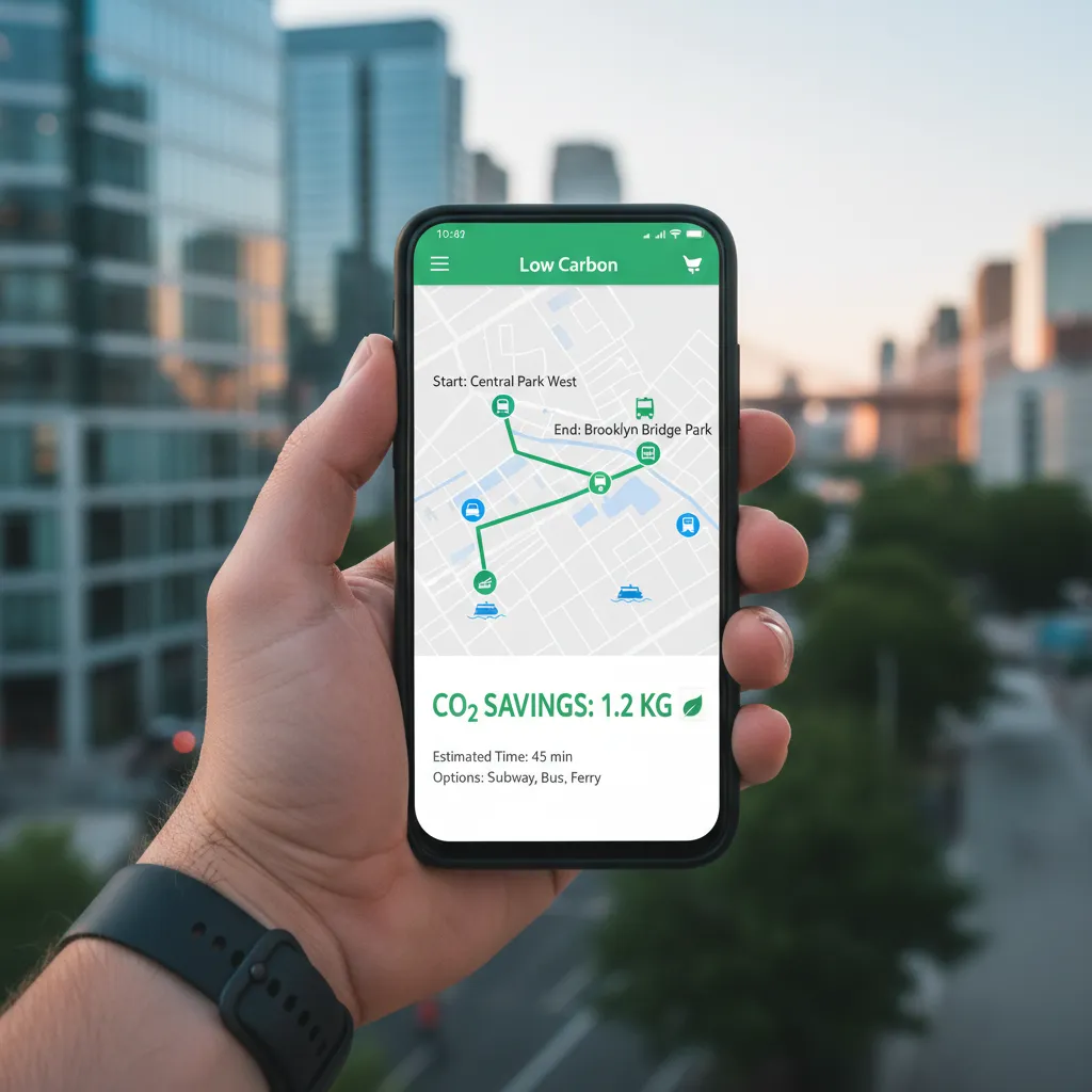 Smartphone displaying a low-carbon travel route app with public transport highlighted.