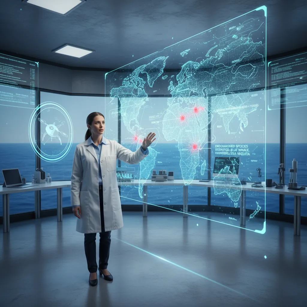 Scientist analyzing holographic ocean data with AI