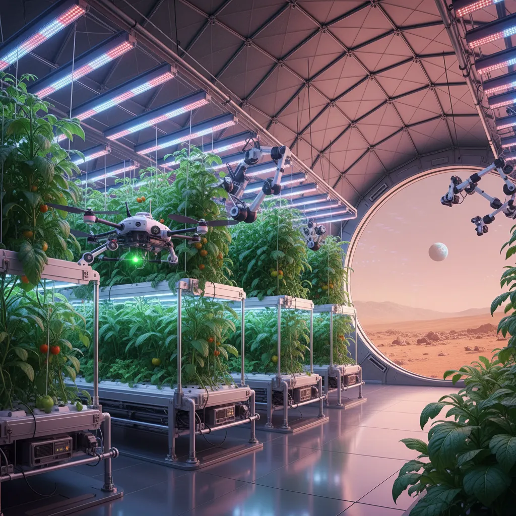 A lush, AI-managed hydroponics farm inside a Martian biodome.