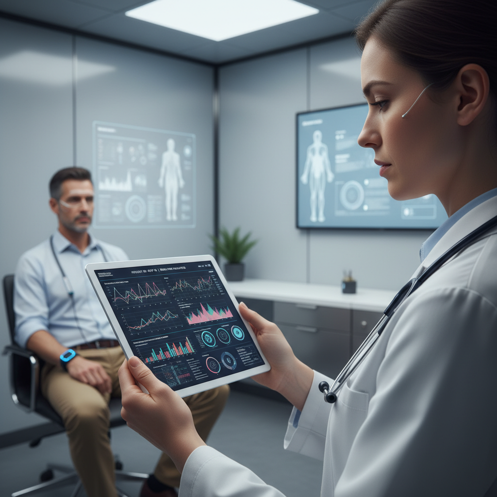 Medical professional reviewing health data from advanced medical wearable devices.