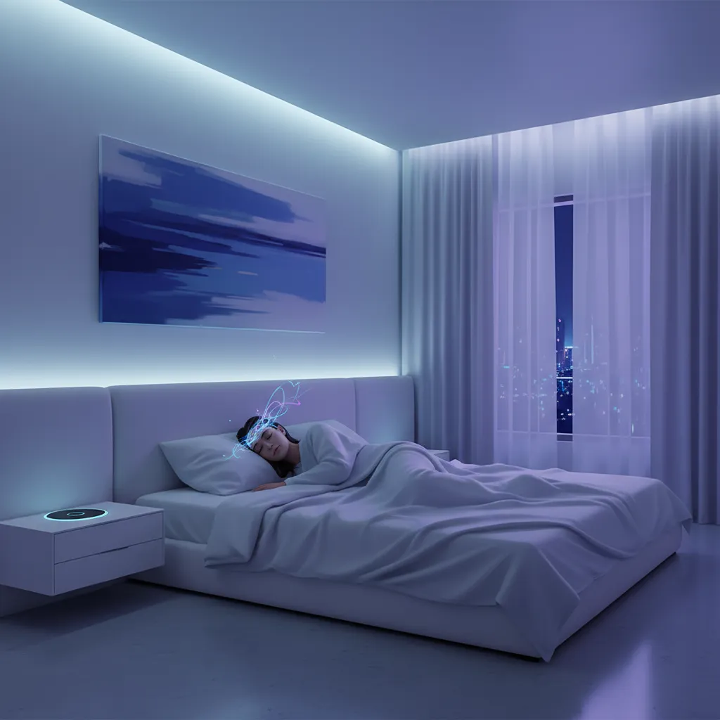 Serene bedroom with smart lighting and sleep tech for mental wellness.