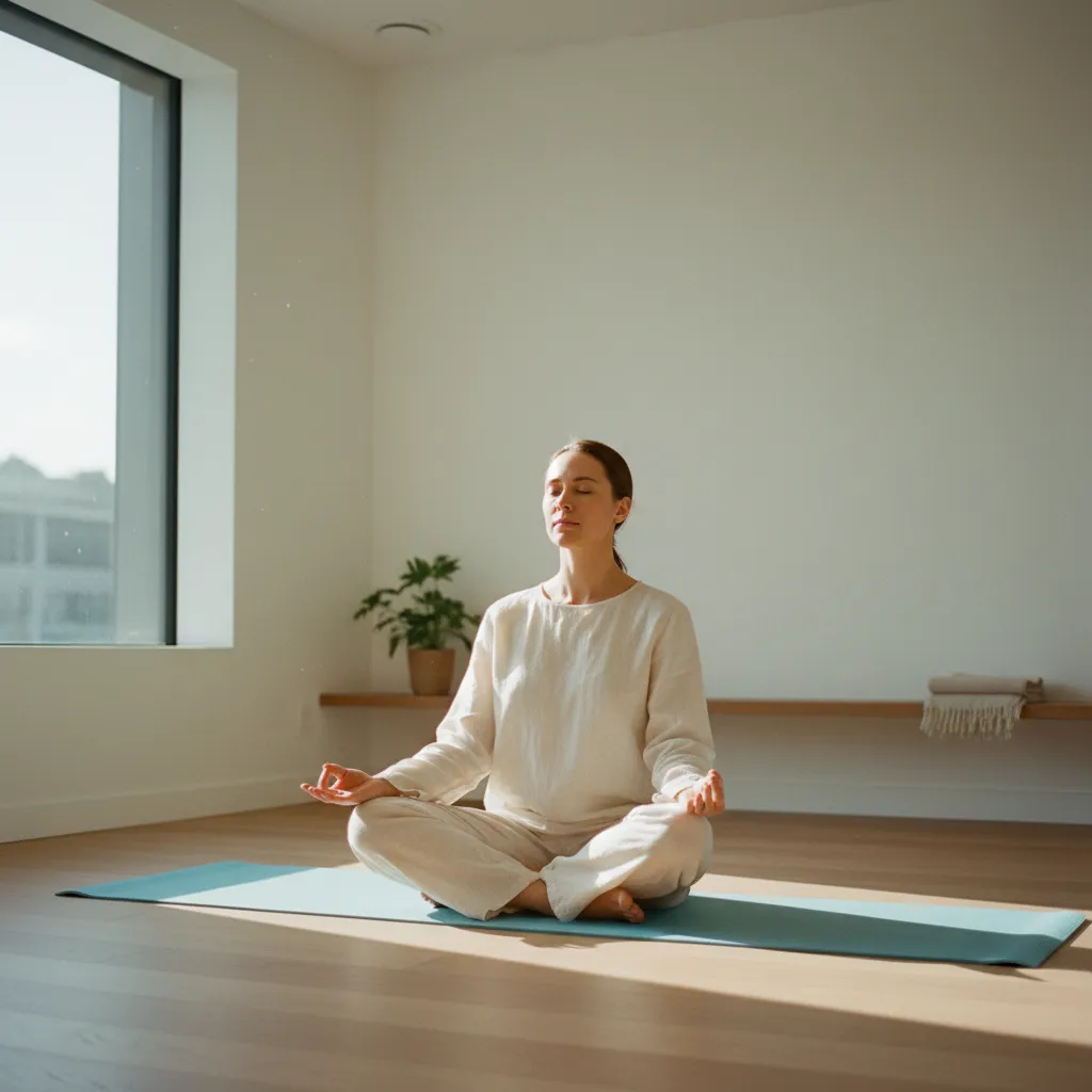 Person meditating in a clear, open, sunlit home space.