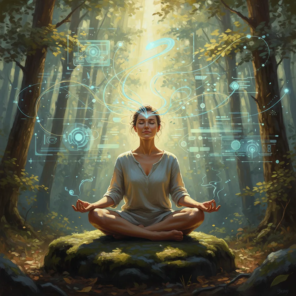 Individual meditating with AI assistance