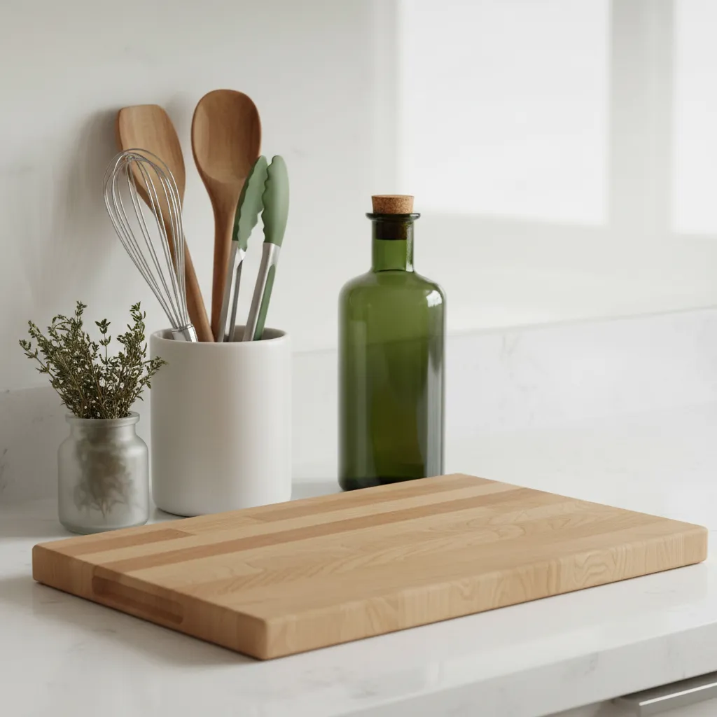 Close-up of a minimalist kitchen counter with essential, organized items.