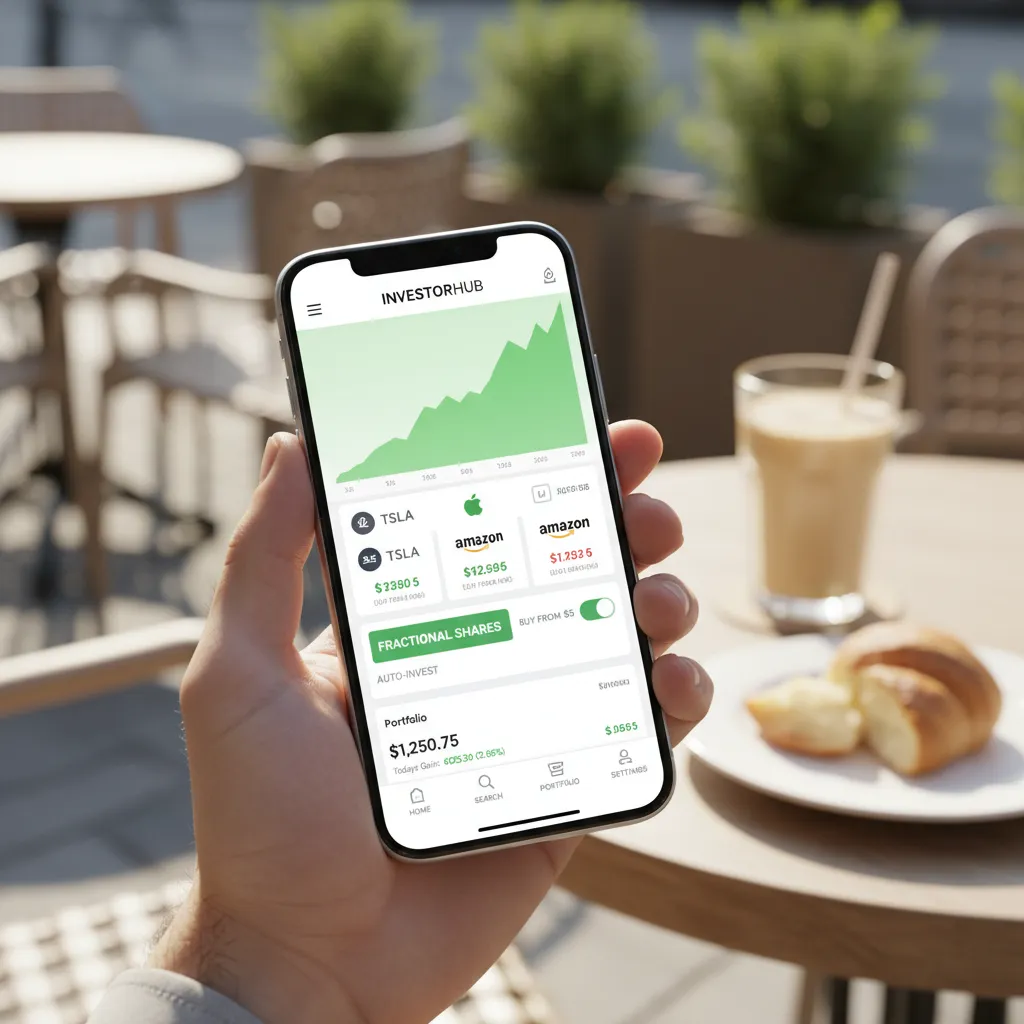 Hand holding smartphone with mobile investing app showing fractional shares.