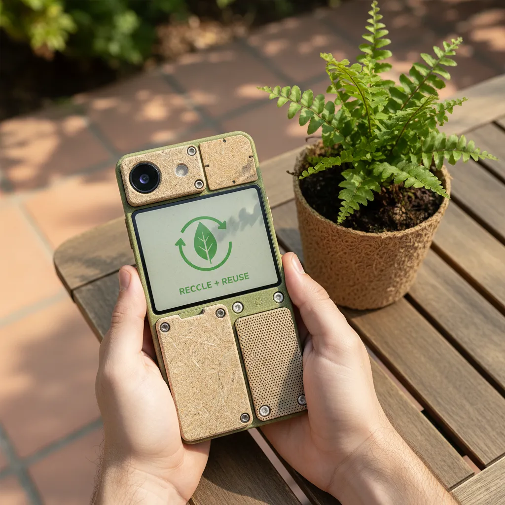 Person using a modular smartphone on a patio.