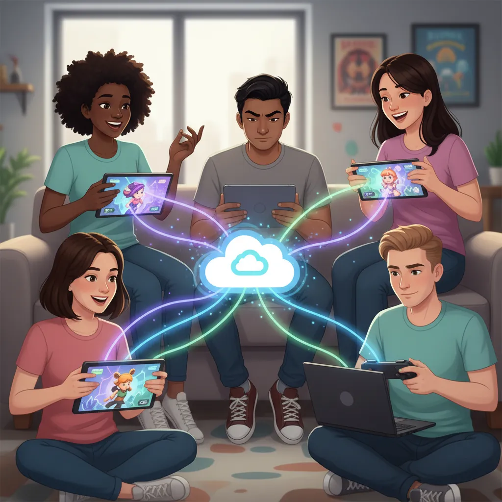 A diverse group of friends laughing and playing a multiplayer game together on different devices, visually connected by glowing data streams.