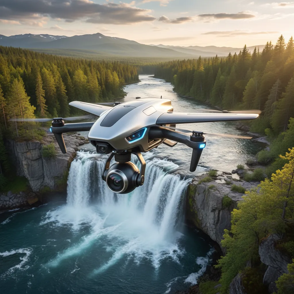 AI drone flying over a waterfall