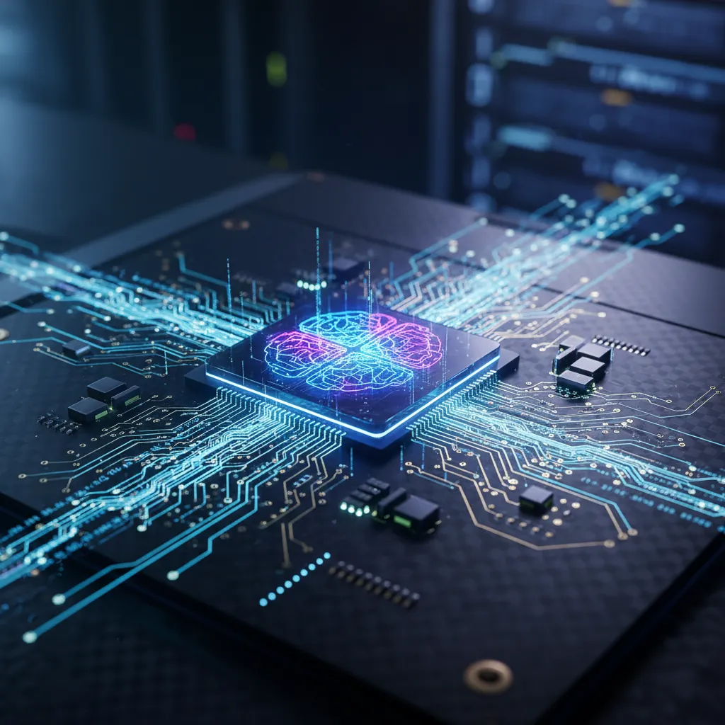 A glowing Neural Processing Unit (NPU) chip on a motherboard, visualizing on-device AI power.