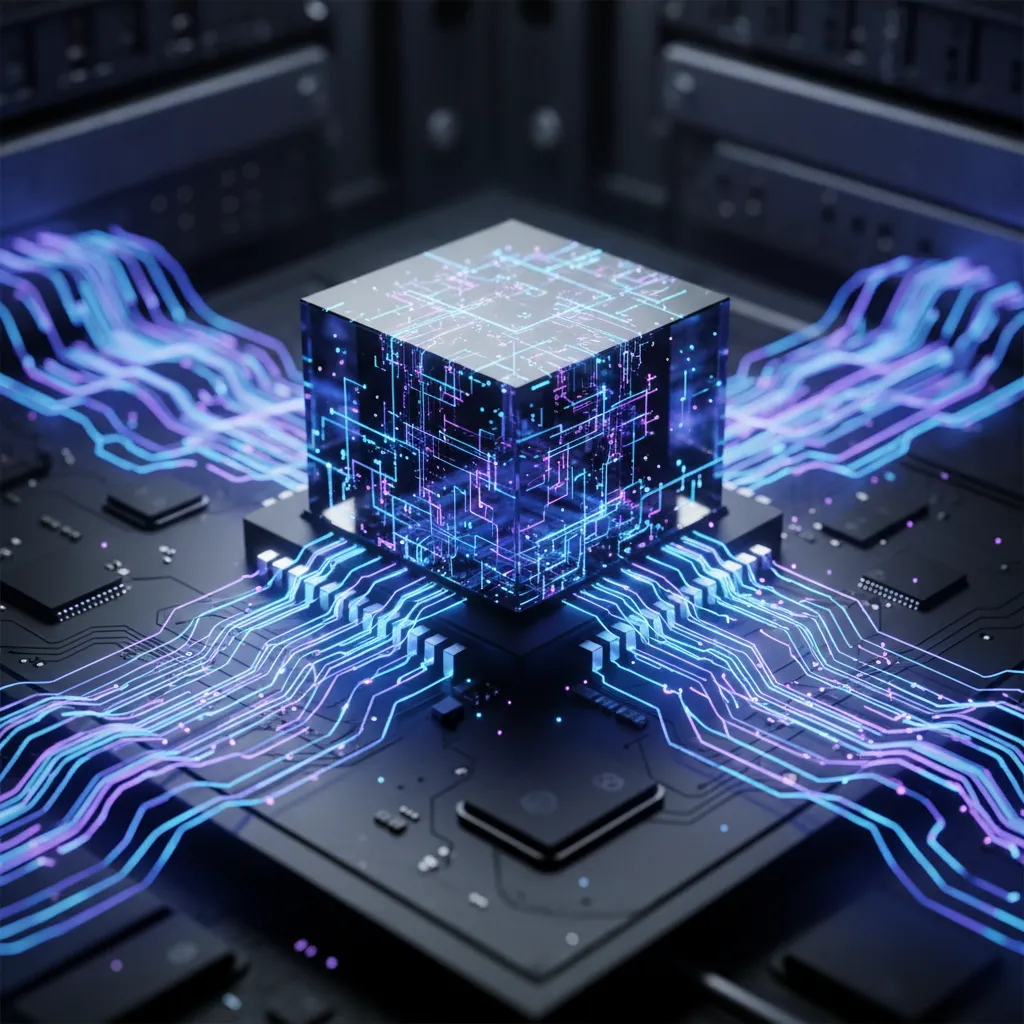 A futuristic, glowing Neural Processing Unit (NPU) chip on a motherboard, with data streams flowing around it.