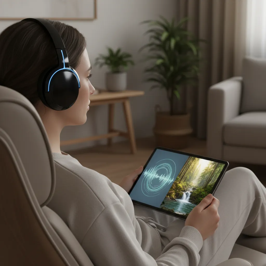 Person using neurofeedback headphones for mental wellness with brainwave display.