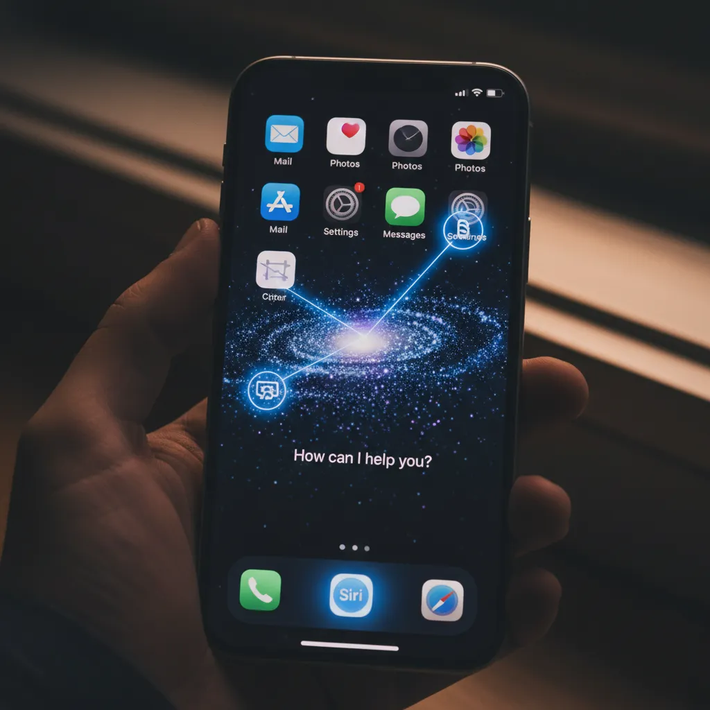 A glowing, redesigned Siri logo interacting with app icons on an iPhone screen to represent the new Siri capabilities.