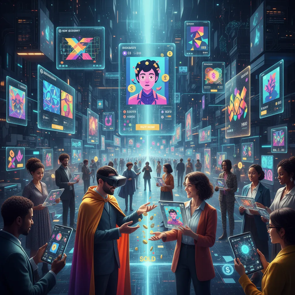 Artists exchanging digital tokens and NFTs in an online marketplace.