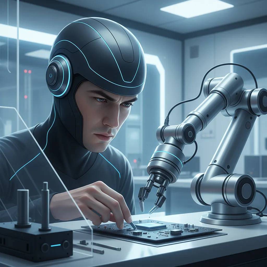 Person with non-invasive BCI headset controlling robotic arm