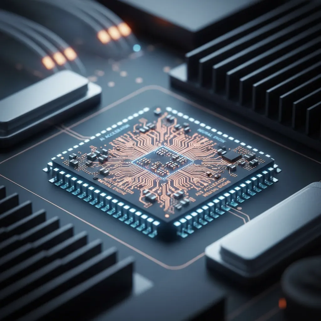 Close-up of a glowing NPU chip, representing the hardware driving AI PCs.