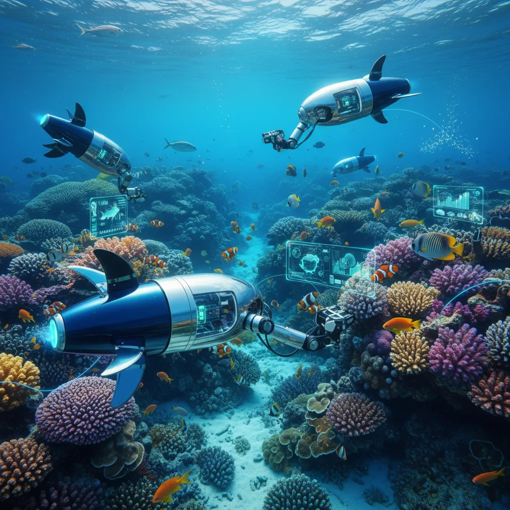 Underwater AI robots monitoring marine life in coral reef