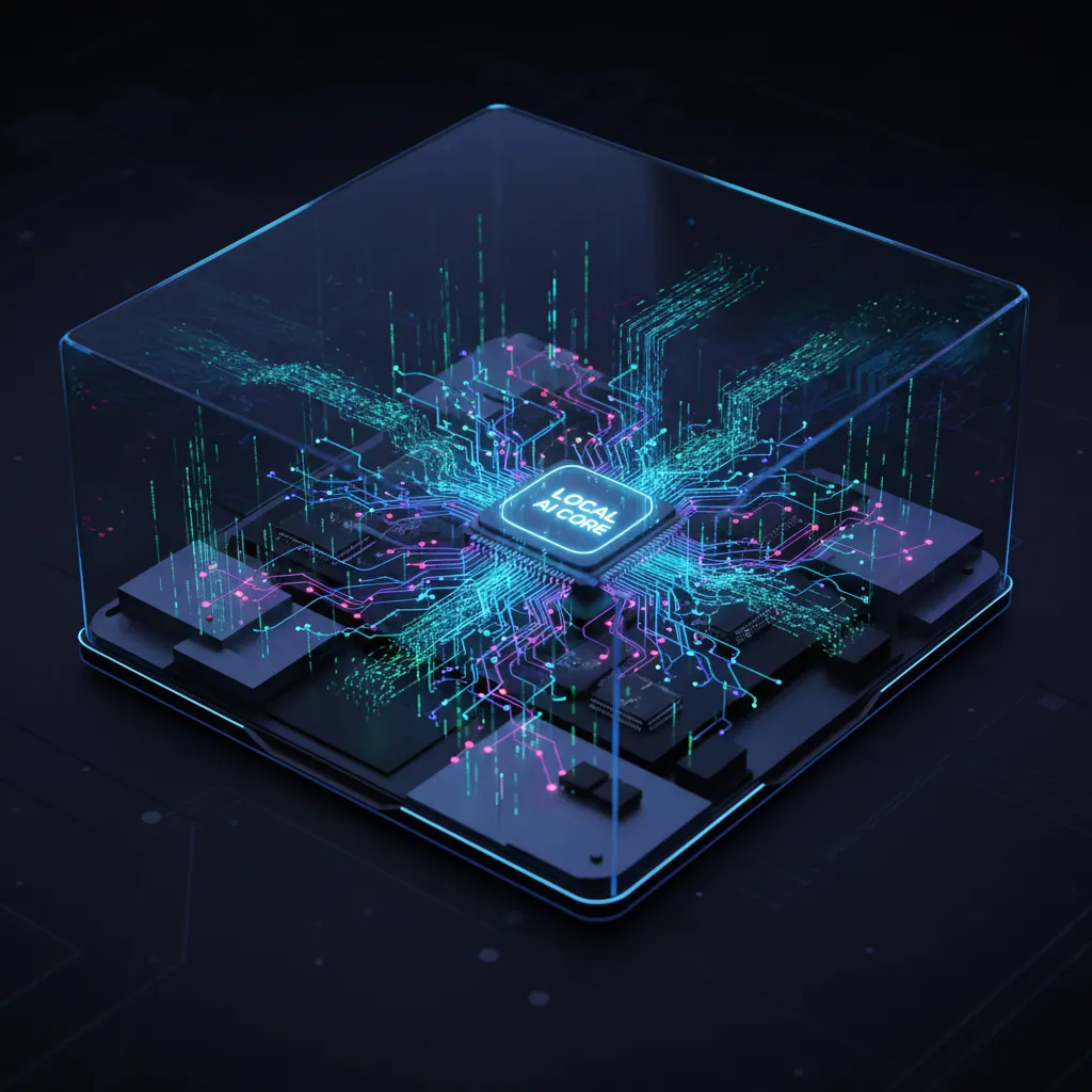 Abstract illustration of neural networks and data streams inside a laptop, representing on-device AI