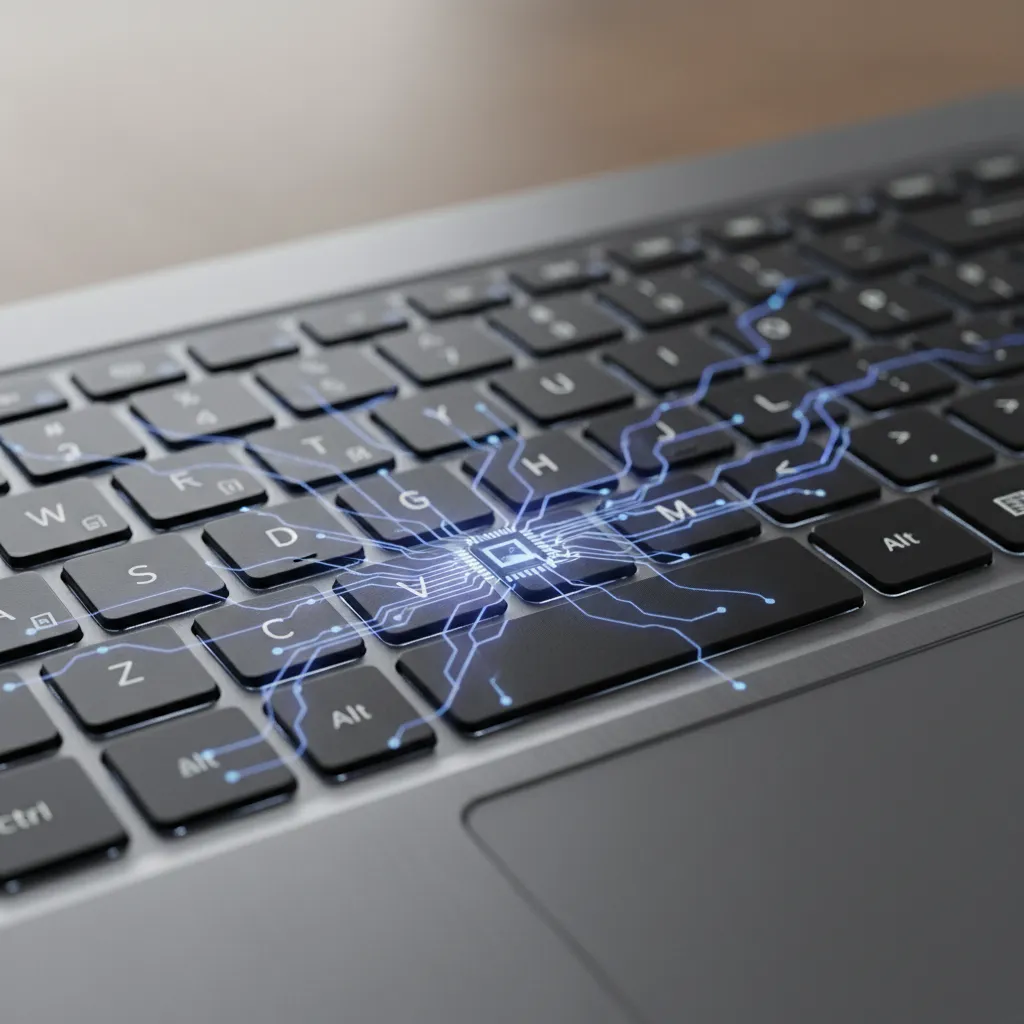 Laptop keyboard with glowing neural network lines, symbolizing on-device AI processing.