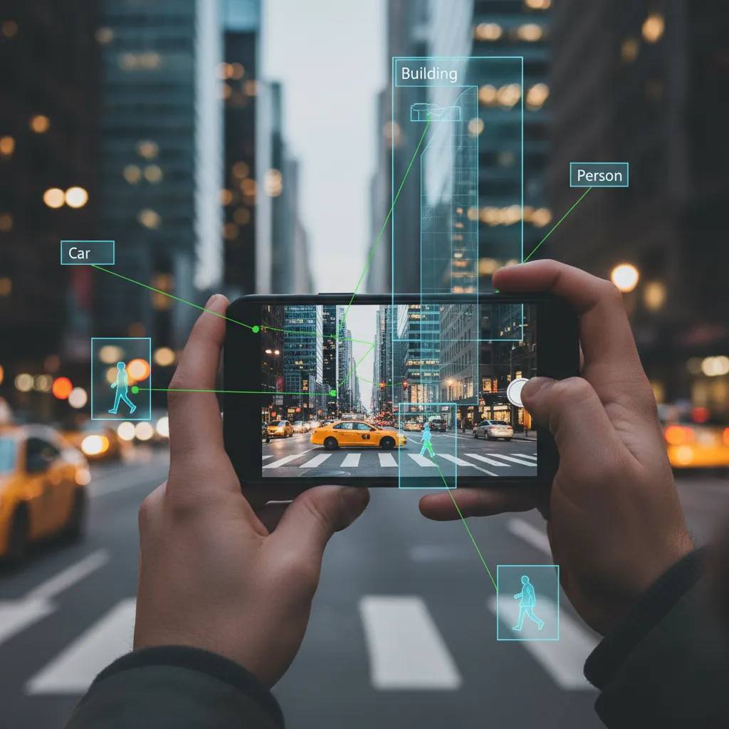 A smartphone using its camera to perform real-time object recognition on a busy street, with digital labels appearing over cars, people, and buildings, all processed locally without an internet connection.