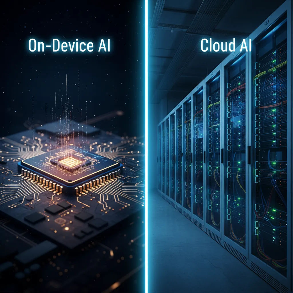 A split-screen image comparing a secure, glowing chip labeled 'On-Device AI' with a distant server farm labeled 'Cloud AI', highlighting the core architectural difference.