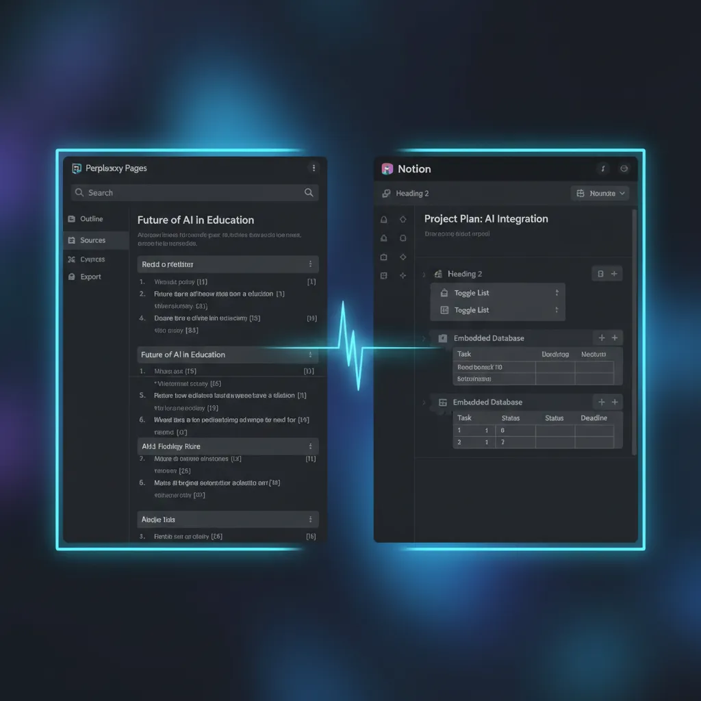 A split-screen image comparing the user interface and features of Perplexity Pages on one side and Notion on the other.