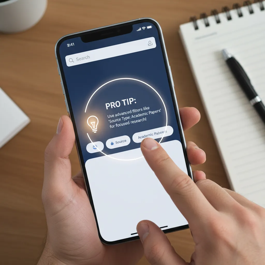 A close-up of a smartphone displaying a pro tip for using the Perplexity AI mobile app.